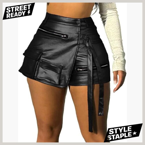 High Waisted Metallic Faux Leather Cargo Skort with Adjustable Straps